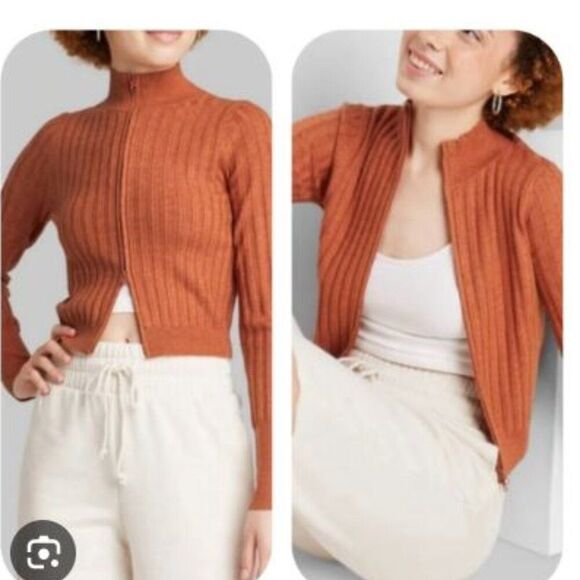 Widl Fable Women's Burnt Orange Ribbed Full Zip Cardigan Sweater - Picture 2 of 6